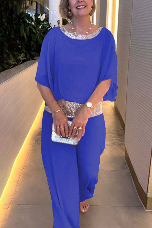 Stylish Sequin Patchwork Dolman Sleeve Top and Elastic Waist Wide Leg Pants Set-consonak