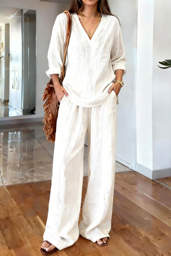 Linen Blend V-neck Long-sleeved Loose Top and Elastic Waist Casual Pocket Pants Set-consonak