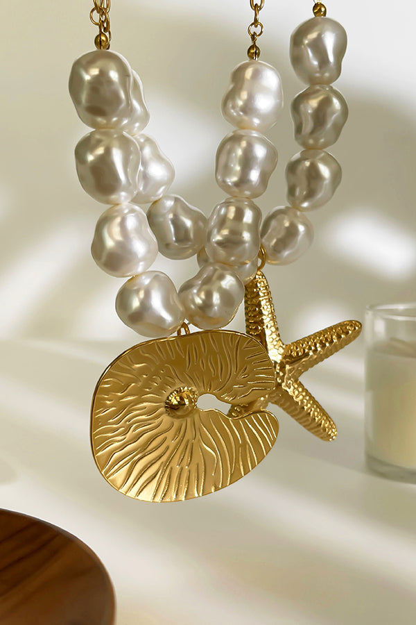 Bohemian Pearl Starfish Lotus Leaf Necklace-consonak
