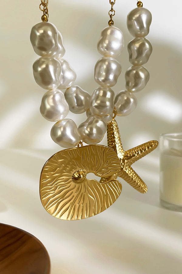 Bohemian Pearl Starfish Lotus Leaf Necklace-consonak