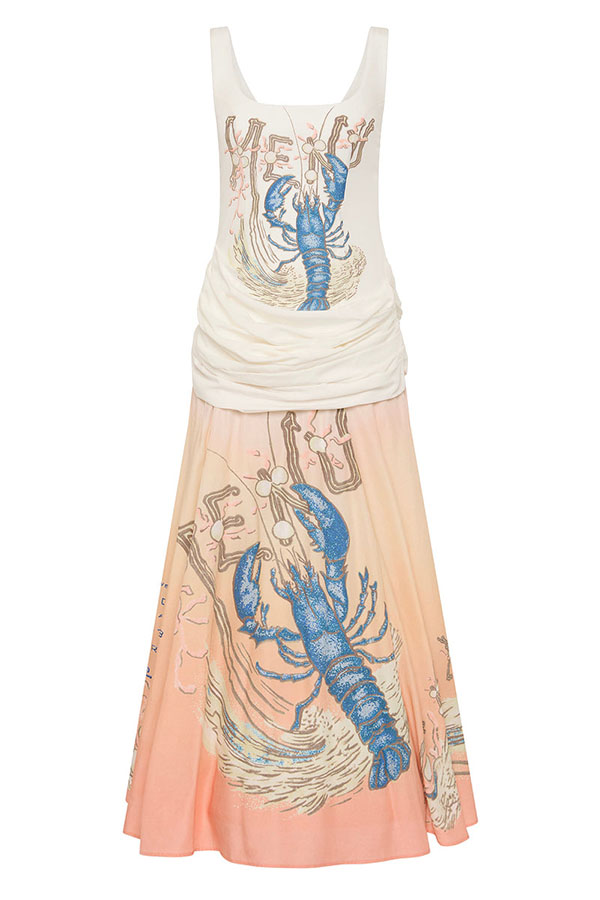 Jino Unique Lobster Print Square Neck Ruched Drape Hip Maxi Dress