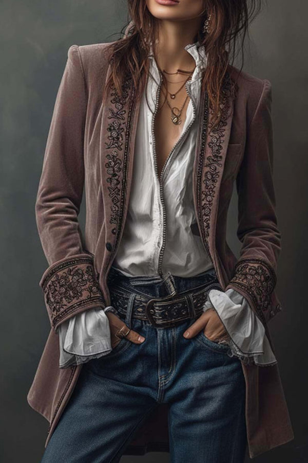Gold Velvet Patchwork Printed Edge Long-sleeved Casual Jacket | Consonak