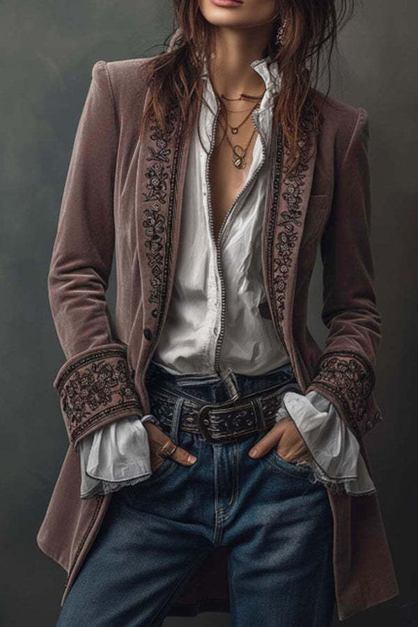 Gold Velvet Patchwork Printed Edge Long-sleeved Casual Jacket-consonak