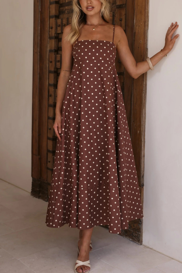 Polka Dot Print Square Neck Suspender Casual Pocket Maxi Dress-consonak