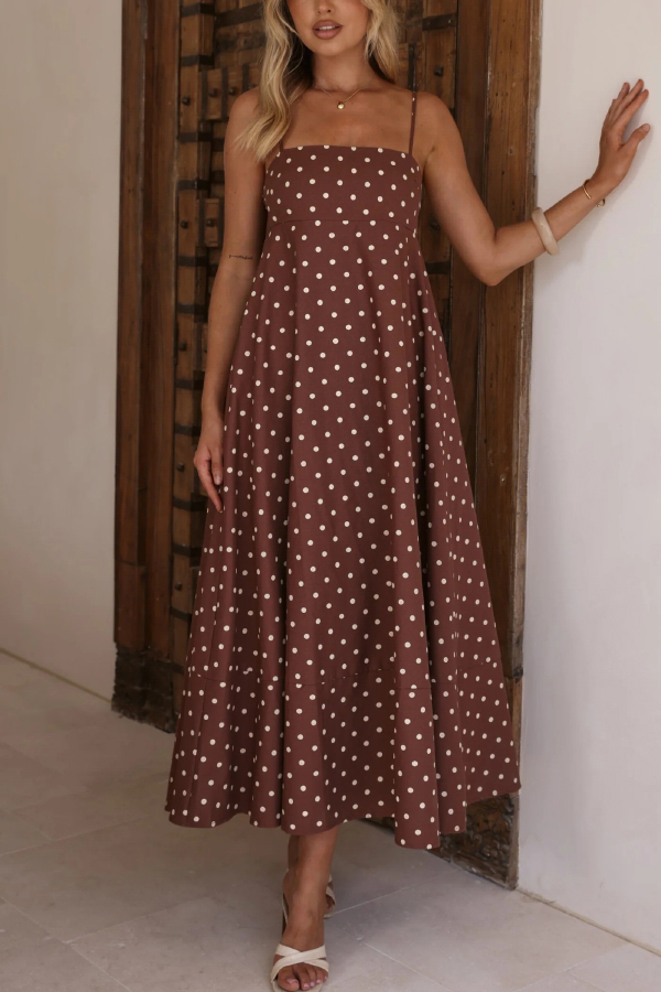 Polka Dot Print Square Neck Suspender Casual Pocket Maxi Dress