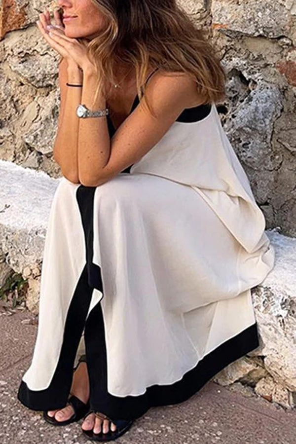 Traveling The Horizon Satin Colorblock Strap Loose Maxi Dress-consonak