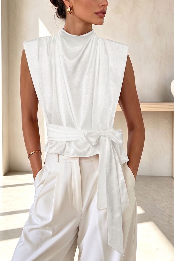 L'Aura Padded-Shoulder Wrap-Around Satin Top-Consonak