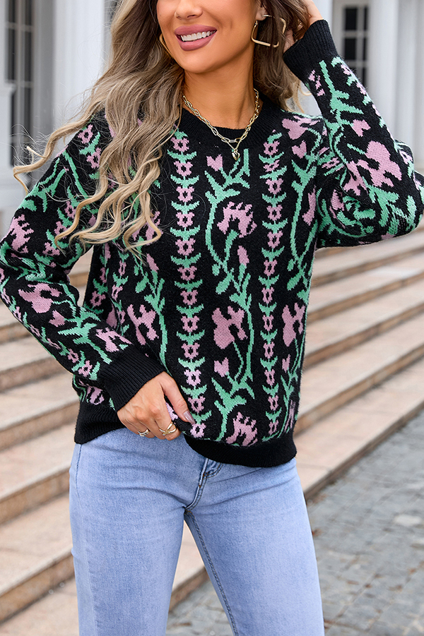 Fashionable Floral Knitted Crew Neck Casual Sweater-consonak
