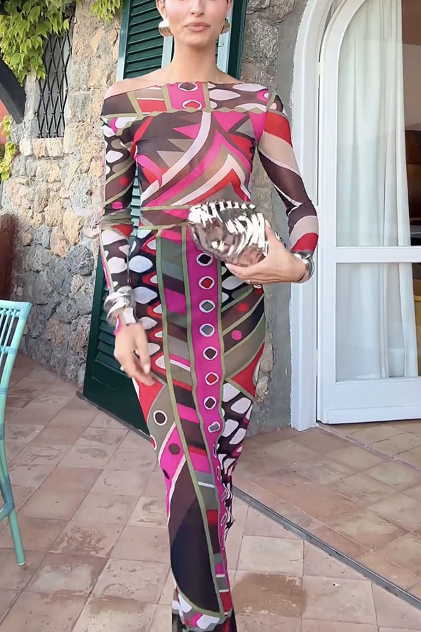 Gypsy Girl Mesh Unique Print Wide Neck Long Sleeve Stretch Maxi Dress-consonak