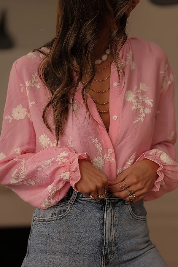 Floral Embroidery Long-Sleeved Button-Up Elegant Shirt-consonak
