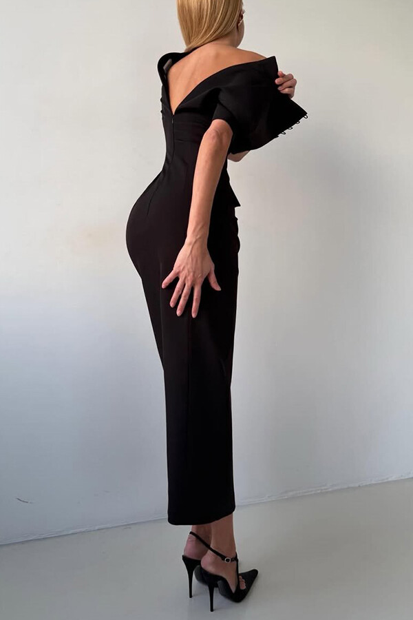 Kathy Unique Metal Pattern Buttons High Neck Short Sleeve Pencil Slit Midi Dress