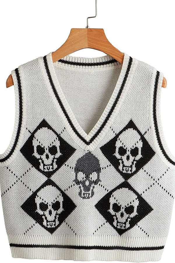 Halloween Skull Argyle Knit Sweater Vest-Consonak