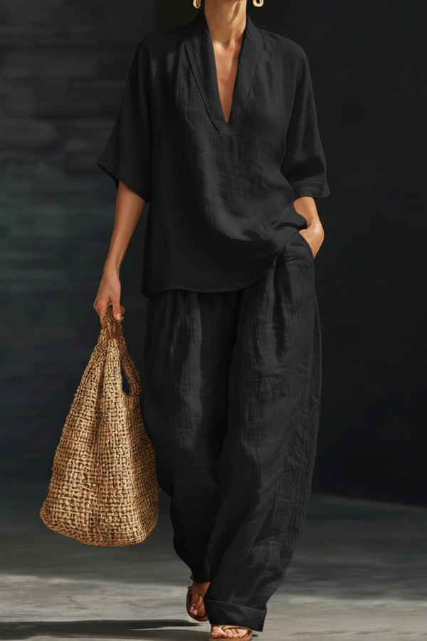 Solid Color V-neck Short-sleeved Loose Top and Casual Elastic Waist Pocket Pants Set