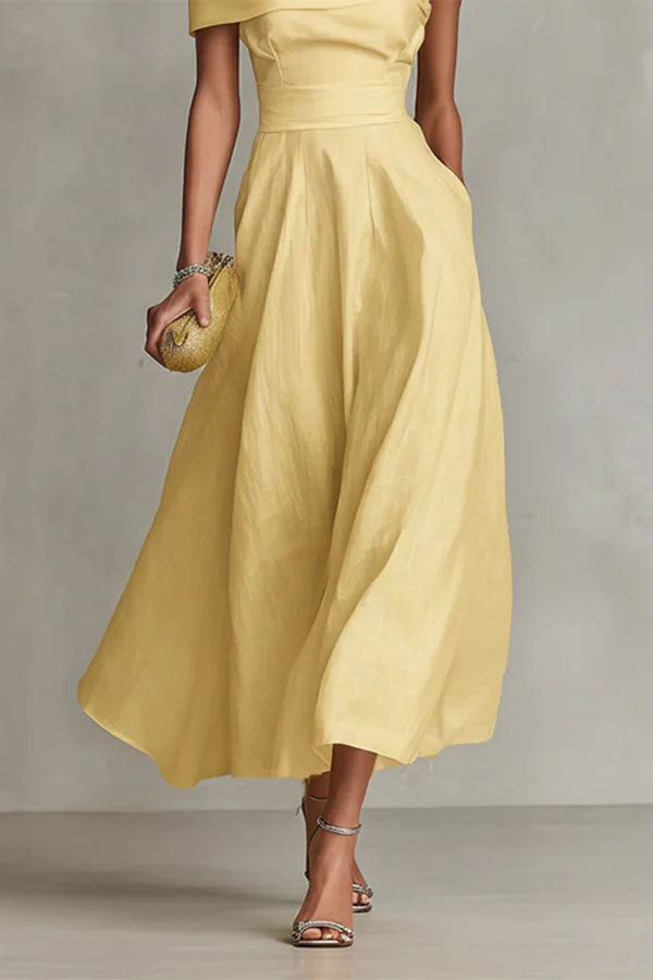 Chic One-Shoulder A-Line Midi Dress with Pockets-Consonak