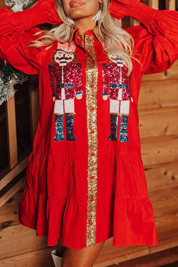 Nutcracker Sequined Button Down Long Sleeve Mini Dress-consonak