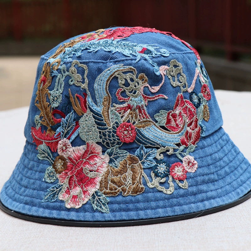 Fashionable Ethnic Style Embroidered Denim Bucket Hat-consonak