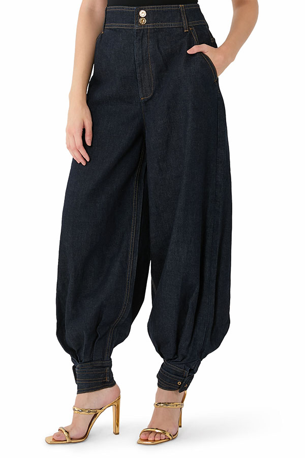 Luna Denim High Rise Pocket Adjustable Buckle Ankle Strap Harem Pants | Consonak