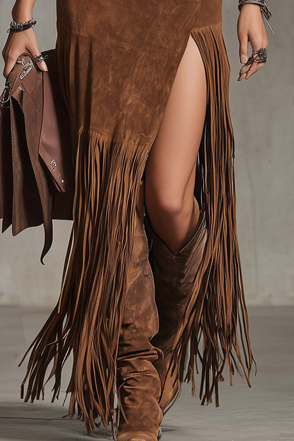 Fashionable Denim Suede Patchwork Spliced slit Fringed Hem Extra-long Midi Skirt-consonak