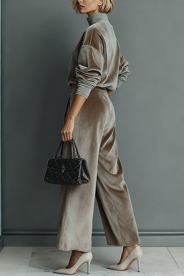 Stylish Velvet Turtleneck Long-sleeved Top and Casual Pocket Wide-leg Pants Set-consonak