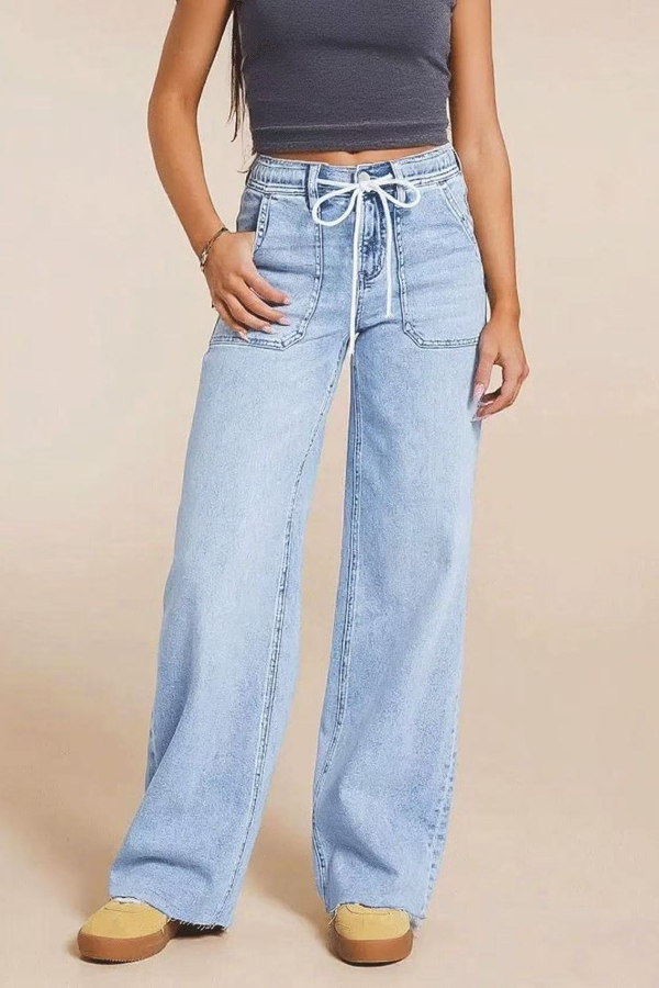 Stylish Elastic Waistband Drawstring Casual Pocket Loose Straight Leg Jeans