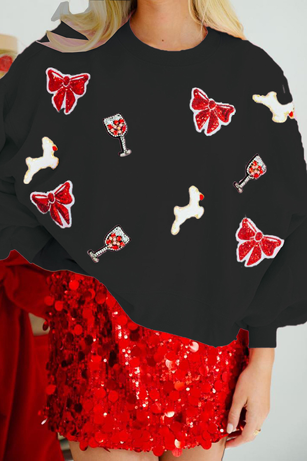 Christmas Bow Wine Glass Sequin Loose Long Sleeve Sweatshirt-consonak
