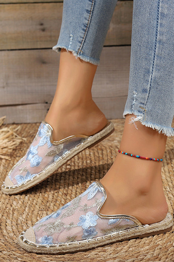 Casual Linen Woven Flat Round Toe Half Slippers-consonak