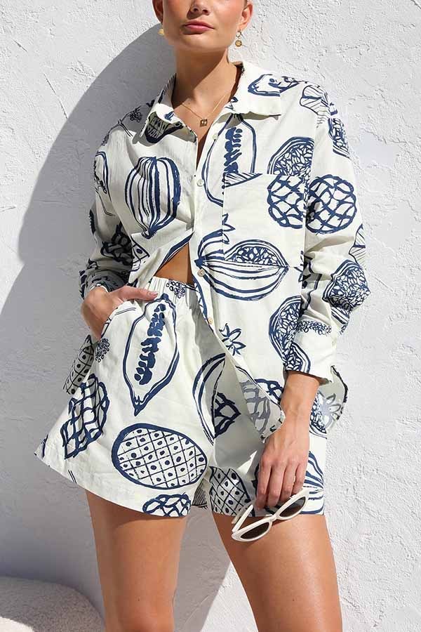Parkside Pretty Tropical Fruit Print Loose Shirt and Elastic Waist Pocketed Shorts Set-consonak