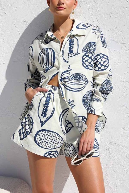 Parkside Pretty Tropical Fruit Print Loose Shirt and Elastic Waist Pocketed Shorts Set-consonak