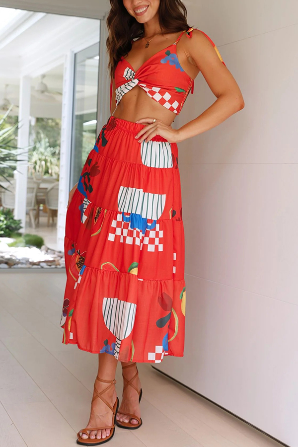 Unique Printed Sexy Camisole Elastic Waist Long Skirt Two Piece Set-consonak