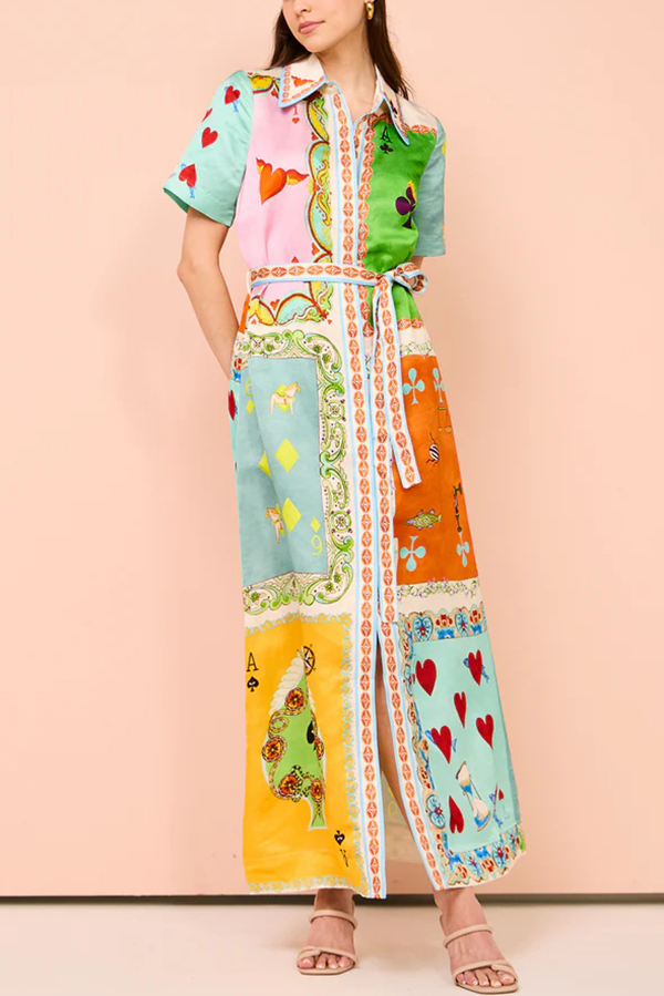 Kiana Linen Blend Unique Print Short Sleeved Tie Waist Shirt Maxi Dress-consonak