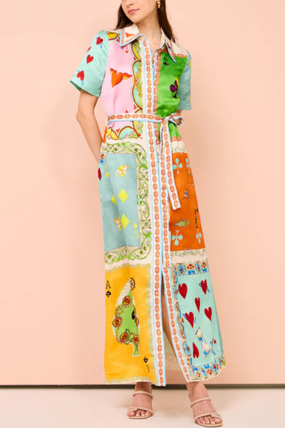 Kiana Linen Blend Unique Print Short Sleeved Tie Waist Shirt Maxi Dress-consonak