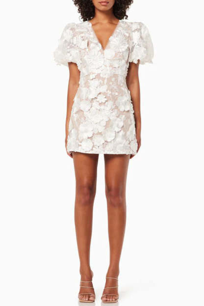 Garden Gala Embroidered Floral Applique Puff Sleeve Mini Dress-consonak