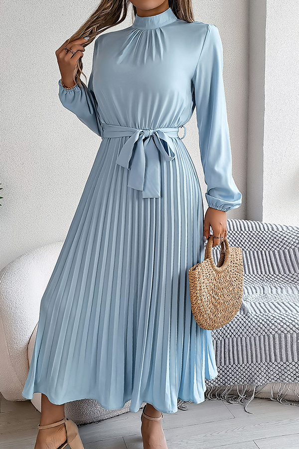Elegant Stand-collar Long-sleeve Waisted Tie-up Pleated Midi Dress-consonak