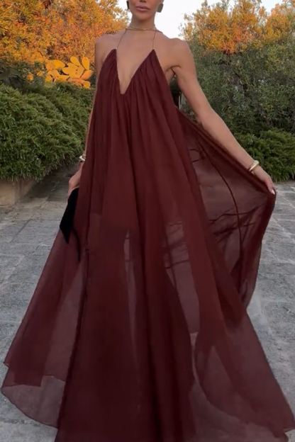 Flowing Lightweight Chiffon Chain Halter Neck Detail Backless A-line Maxi Dress-consonak