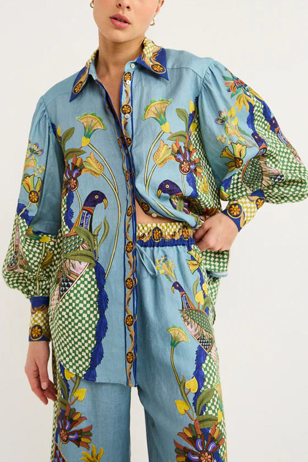 Sun Seeking Unique Heaven Bird Print Balloon Sleeve Button Loose Shirt-consonak