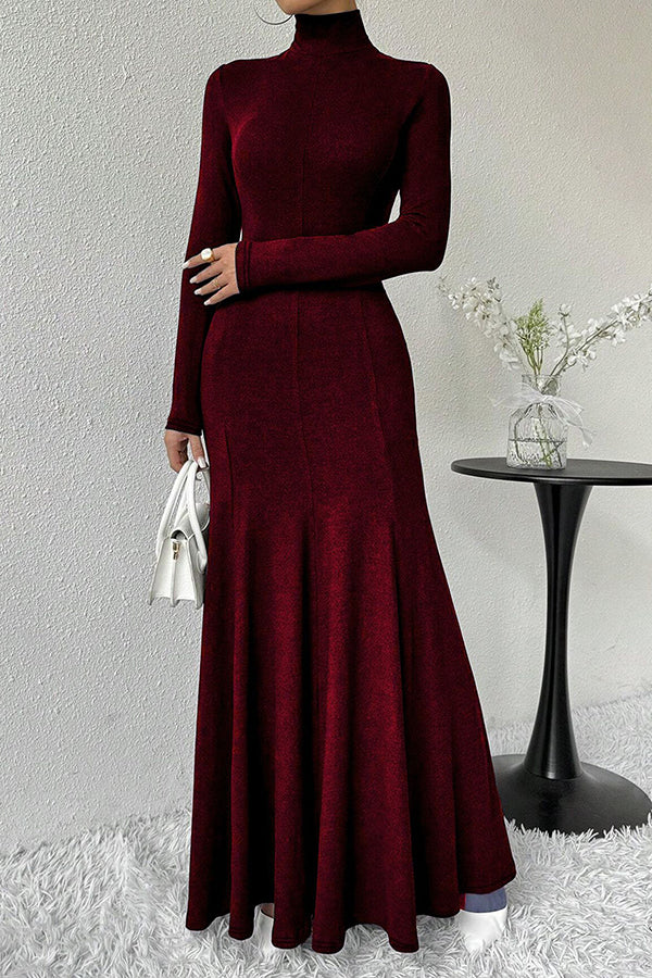 Solid Color High-neck Long-sleeved Slim-fit Fishtail Elegant Maxi Dress-consonak