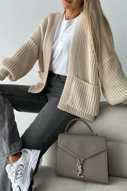 Solid Color V-neck Long-sleeved Casual Knitted Cardigan-consonak
