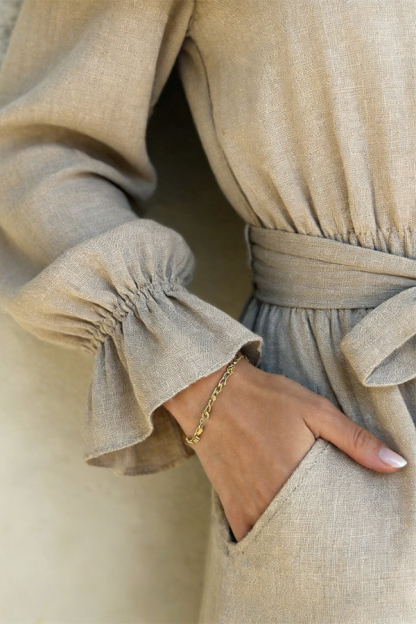 Linen Blend Off-shoulder Tie-up Casual Pocket Ruffle Mini Dress-consonak