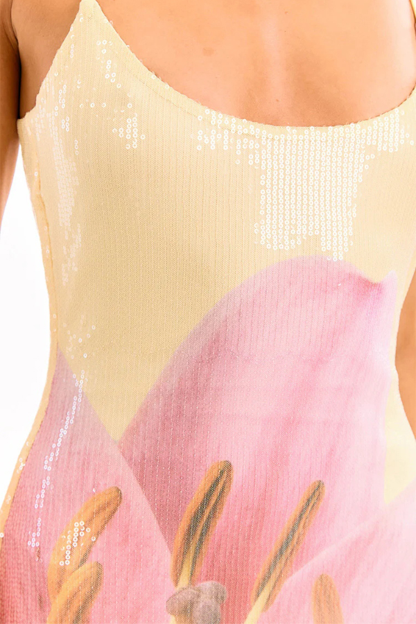 Floral Print Fashion Sequined Spaghetti Strap Backless Slim Fit Vacation Maxi Dress-consonak