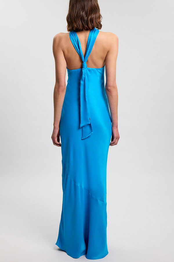 Kalanie Satin Metal Decoration Halter Neck Back Tie-up Maxi Dress