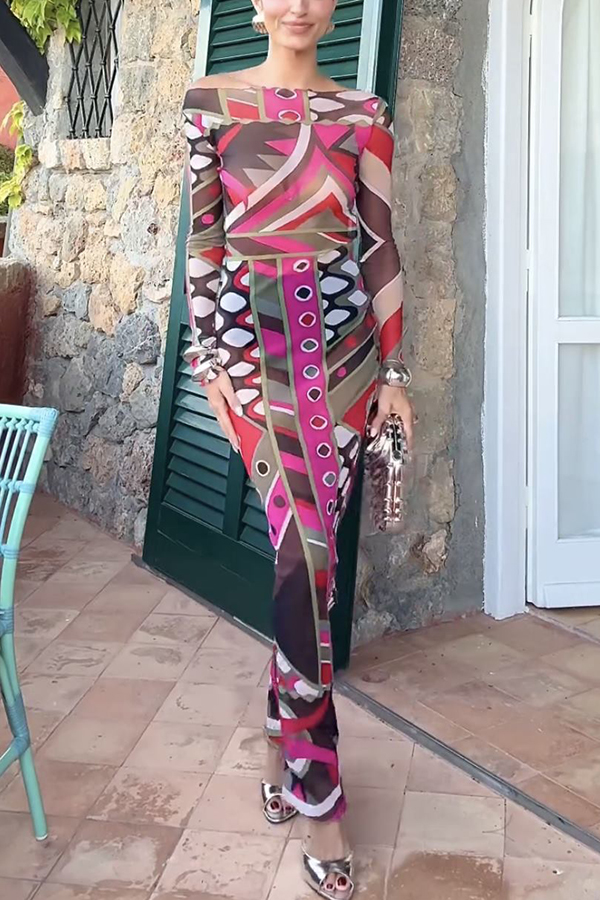 Gypsy Girl Mesh Unique Print Wide Neck Long Sleeve Stretch Maxi Dress-consonak