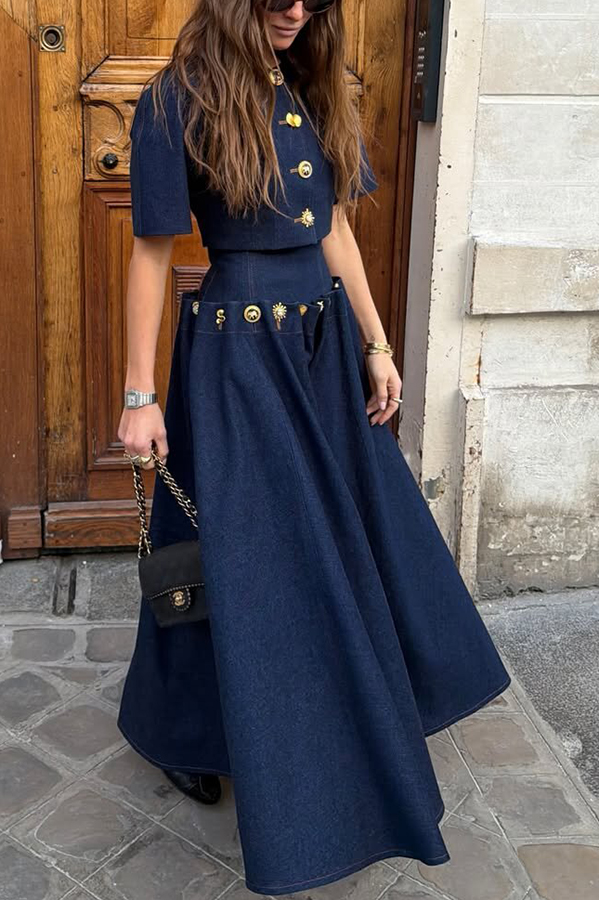 Custom Look Denim Unique Metal Pattern Buttons Lace-up Waist Crisp Hem Maxi Skirt