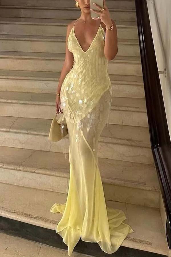 Perfect Night Sequin Embroidery Backless Drape Tulle Hem Slip Maxi Dress | Consonak
