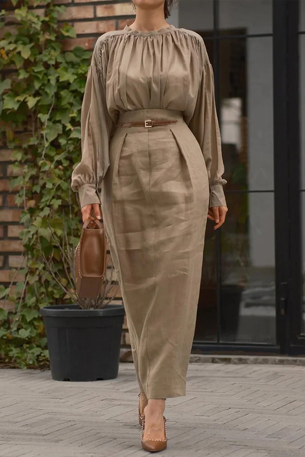 Solid Color Round Neck Long-sleeved Pleated Shirt and Elegant Maxi Skirt Set-consonak