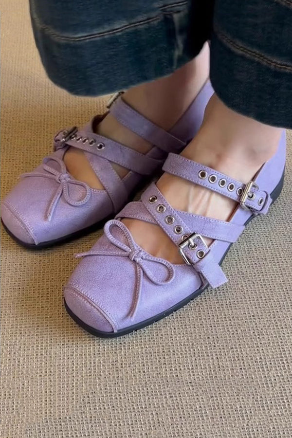 Bow Cross Strap Square Toe Ballet Flats-consonak