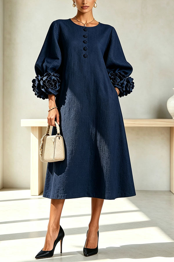 Rima Linen Blend Flowers Button Down Floral Cuffs Half Sleeve Pocket Midi Dress-Consonak