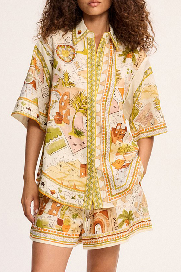 Tropical Vegetation Print Loose Button Elastic Waist Shorts Set | Consonak