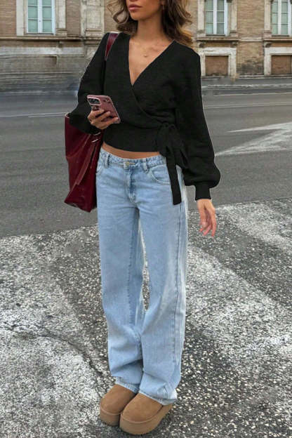 Solid Color Crossover V-neck Tie Elegant Long-sleeved Knit Top-consonak