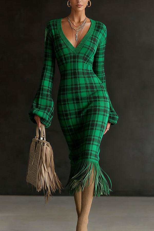 Unique Printed V-neck Long-sleeved Elegant Tassel Hem Midi Dress-consonak