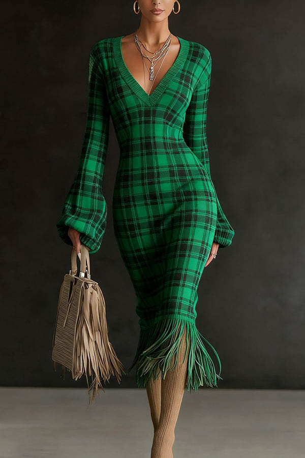 Unique Printed V-neck Long-sleeved Elegant Tassel Hem Midi Dress-consonak